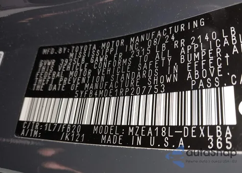 2024 Toyota Corolla Le z USA, uszkodzony, nr VIN 5YFB4MDE1RP207753